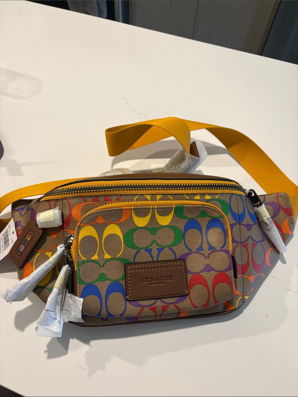 Coach Rainbow Signature Canvas Belt Bag with Yellow Strap